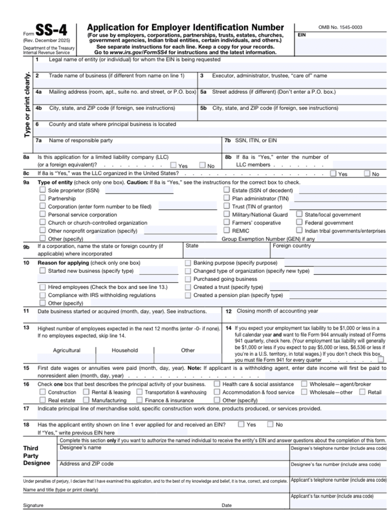 IRS Form SS-4 application for Employer Identification Number
