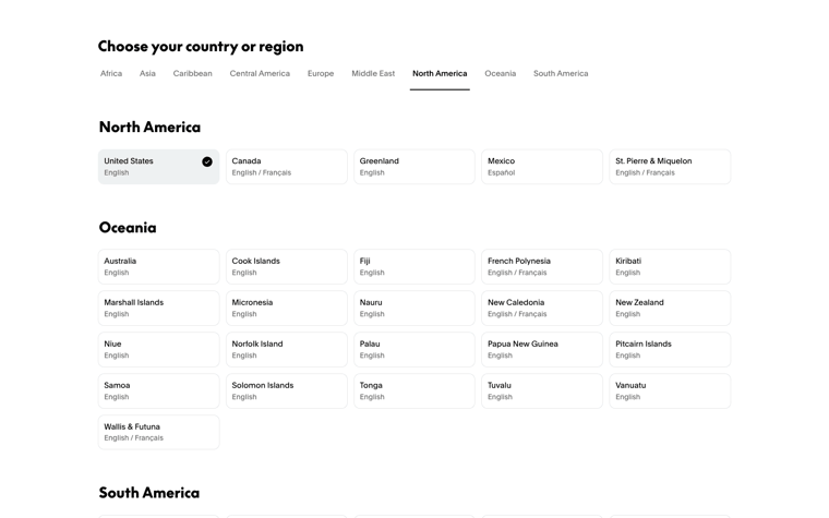 PayPal country and region availability selector