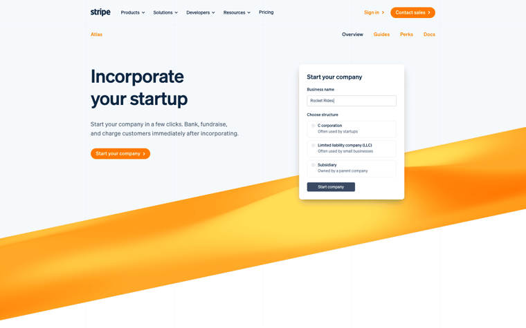 Stripe Atlas landing page for incorporating a startup